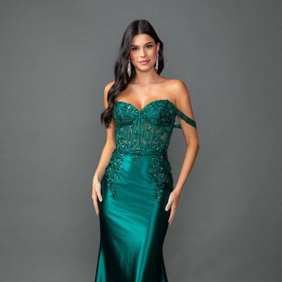New Off Shoulder Maxi Prom Gown w/ Floral Lace Over Sheer Boned Bodice DQ 4540 - Picture 3 of 8